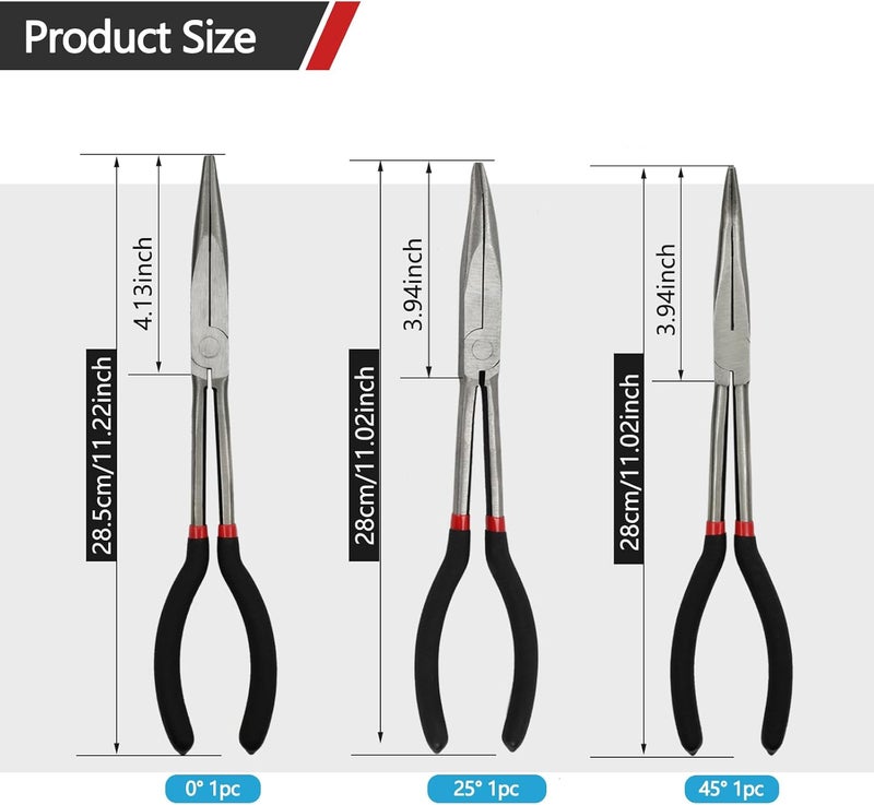 MFBJXC 3-Piece 11" Precision Long Nose Pliers Set with Insulated Comfort Grip Handles,Straight Long Needle Nose Pliers,25/45 Degree Angle Curved Pliers for Wire Bending,Shaping,Trimming - Image 4